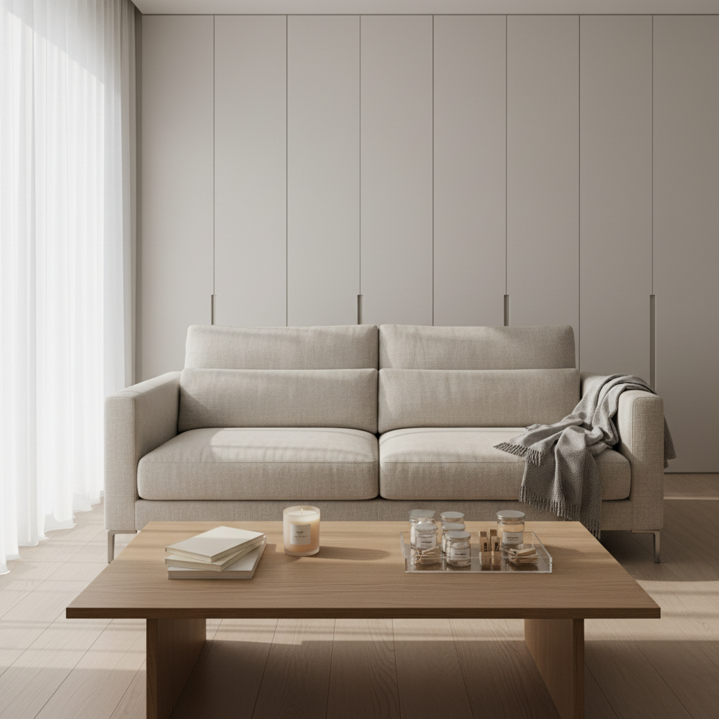 A serene, neutral-toned living space with a single, perfectly folded soft gray throw blanket placed on the corner of a low, light-beige linen sofa. On the minimalist oak coffee table sits a small stack of cream-colored notebooks, a frosted glass candle, and a clear acrylic tray containing labeled, decluttered essentials. The background reveals built-in cabinetry with closed doors, creating a sense of order and spaciousness. Diffused late-afternoon light filters through sheer white curtains, casting gentle, elongated shadows across the floor. Photographic realism, shot from a slightly elevated angle with balanced composition and sharp focus throughout, conveys the feeling of a gentle life “spring clean” and emotional clarity within a structured, calming environment.